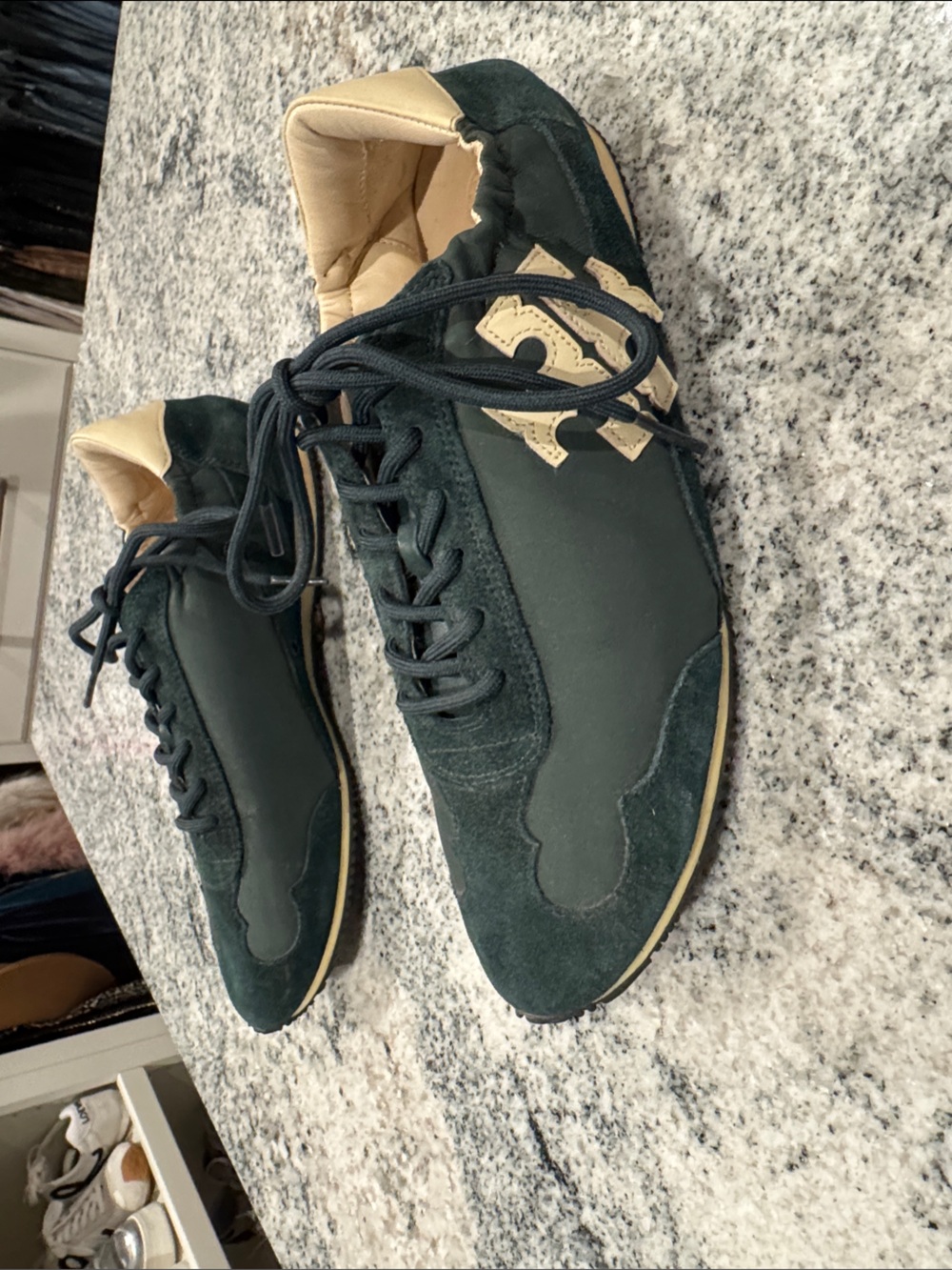 Tory Burch Dark Green Suede & Leather Sneakers with Tan Accents - Picture 1 of 6